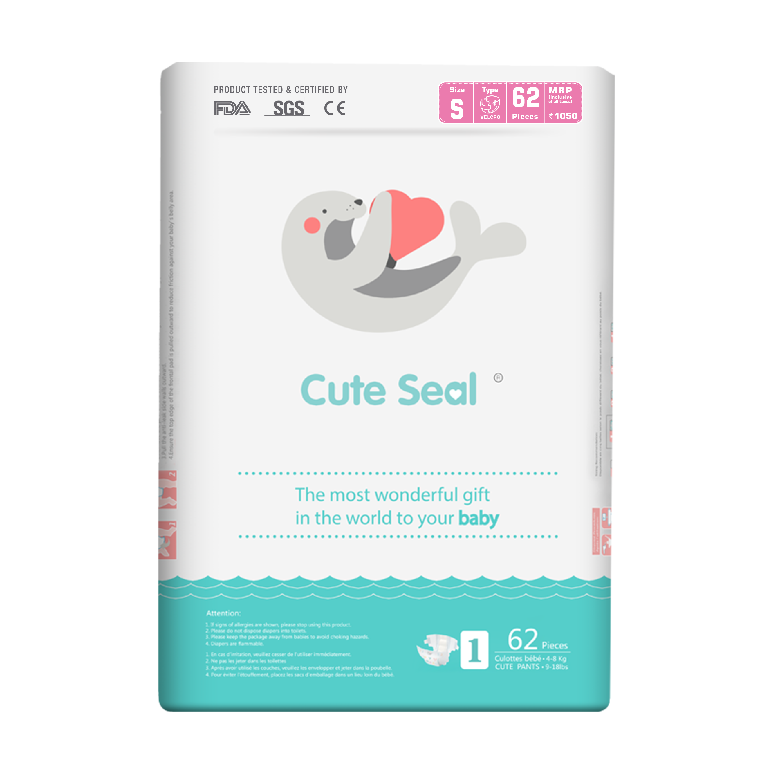 Baby Diaper Cute Seal - Small - 62 Pcs (Tape Type)