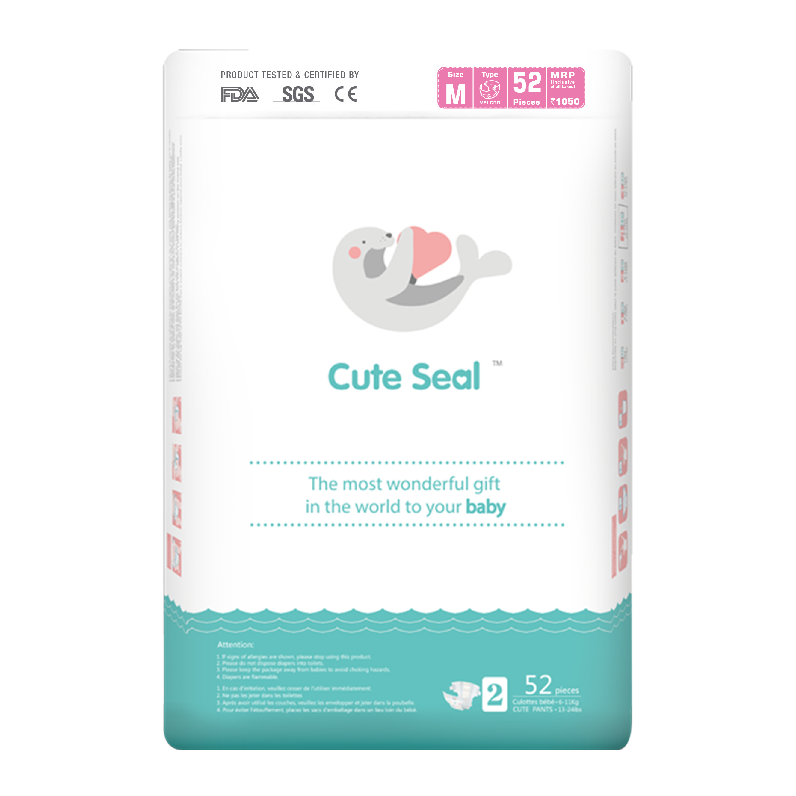 Baby Diaper Cute Seal - Medium - 52 pcs (Tape Type)